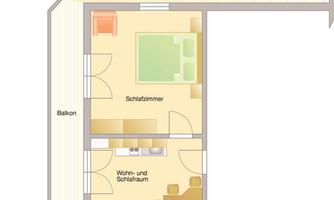 An apartment layout with one bedroom, a living and sleeping area, and a bathroom. The apartment also features a balcony and a sun terrace.