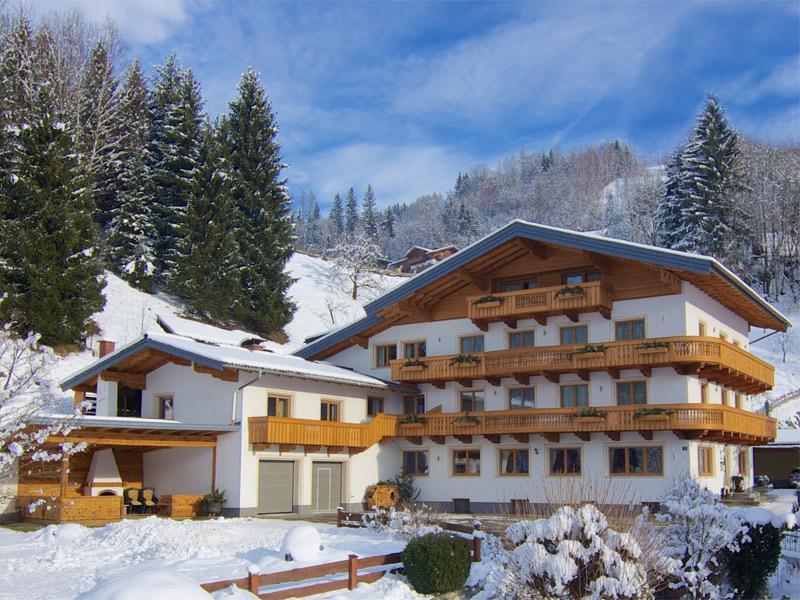 A cozy building in alpine style, surrounded by snow-covered trees. The sky is clear and blue, creating a beautiful winter landscape.