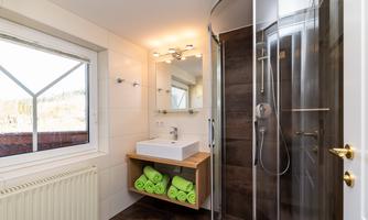 A modern bathroom with a shower, a sink, and a large window. Towels are provided.