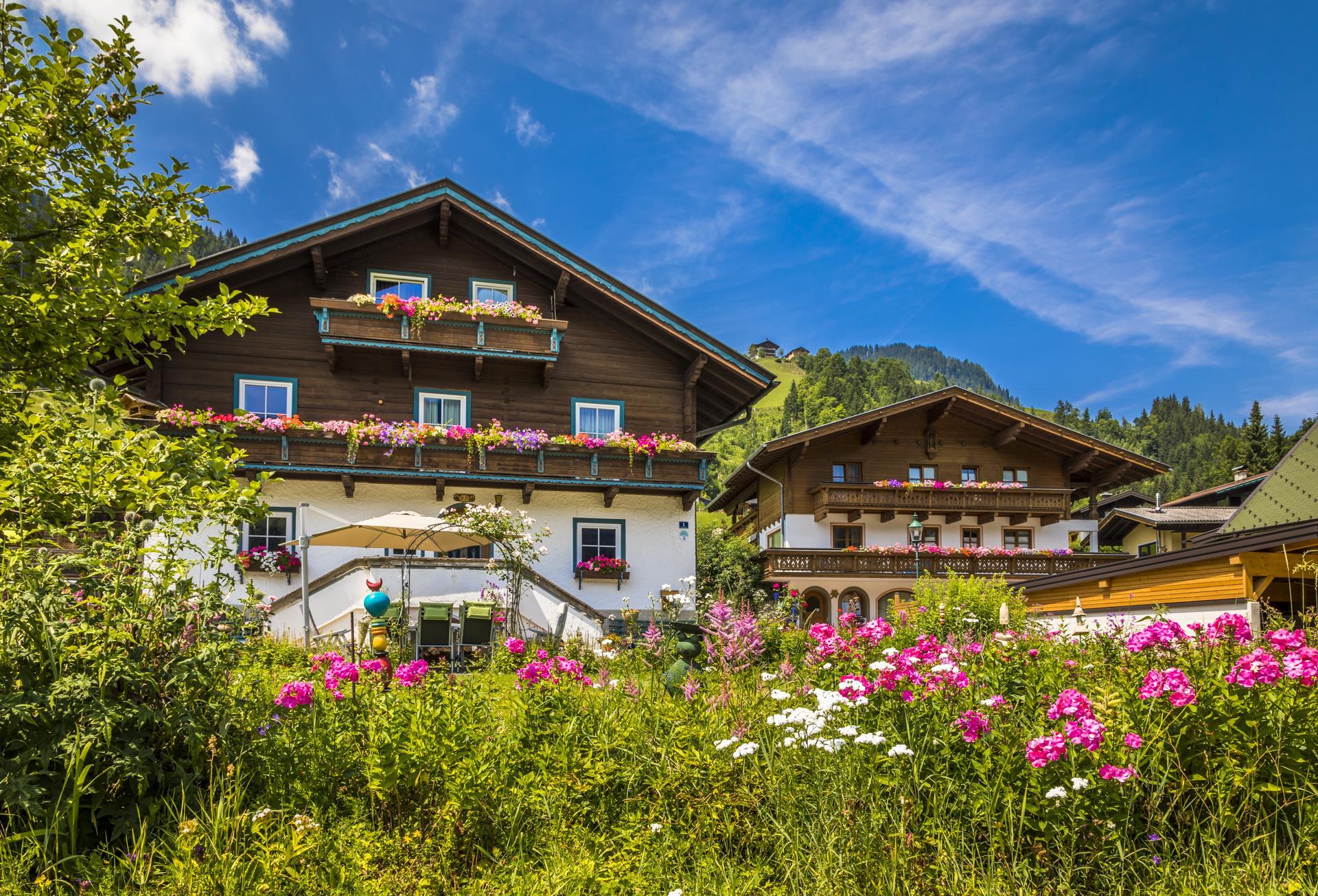 A picturesque chalet surrounded by blooming meadows and trees. The sky is bright blue with a few clouds.