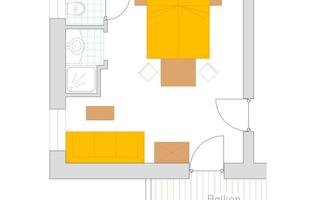 A simple room layout with a balcony. The design features a bedroom, a living room, and a bathroom.