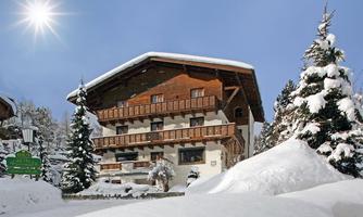 A cozy chalet in the snow with surrounding pine trees. The sun shines in the clear sky over the wintry scene.