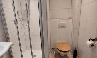 A modern bathroom with a clear shower and a toilet. The walls are tiled in white and the floor has a light stone covering.