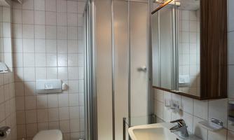 A modern bathroom with a shower, a sink, and a toilet. The walls are tiled in white and there is a hand-woven carpet on the floor.