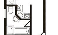 A scientific drawing of a living space with various rooms, including a bathroom and kitchen. The arrangement shows the layout and use of the available space.