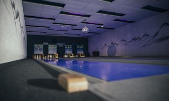 Ein moderner Raum mit einer Bowlingbahn und spannenden dekorativen Elementen. Die bunten Lichter und die stilvolle Einrichtung schaffen eine einladende Atmosphäre.