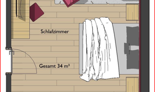 A floor plan drawing of a bedroom with a total area of 34 m². The room contains a bed, a couch, a table, and a bathroom with a toilet.