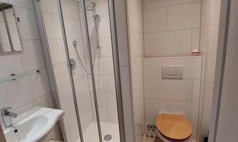 A modern bathroom with a shower, a sink, and a toilet. The walls are light tiled and the ceiling is wooden.