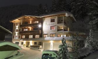 A cozy hotel situated in the snow, with illuminated windows and an inviting entrance area. The surroundings are filled with snow-covered trees, and the night creates a peaceful atmosphere.