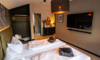 A modern hotel room with two single beds, neatly equipped with pillows and blankets. In the background, there is a television and a stylish wardrobe.