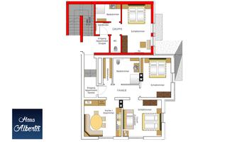 A floor plan drawing of an apartment with several rooms. The image provides an overview of the layout, including the bedroom, bathroom, and living area.