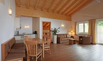 A modern living room with a wooden ceiling and large windows. There is a wooden dining area, a comfortable sofa, and plenty of daylight.