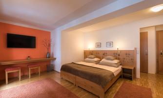 A cozy bedroom with two single beds and modern wooden decor. There is a television on the wall, and the room is decorated in warm colors.