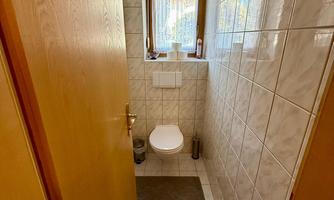 A small bathroom with tiles and a window. In the middle there is a toilet and a rug is on the floor.