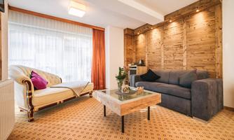 A friendly living room setup with a comfortable sofa and an elegant armchair. Large windows let in plenty of light, and the wooden wall creates a cozy atmosphere.
