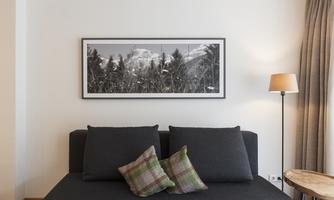 A modern bedroom with a dark sofa and decorative cushions. A large black-and-white image of a mountain landscape hangs on the wall.