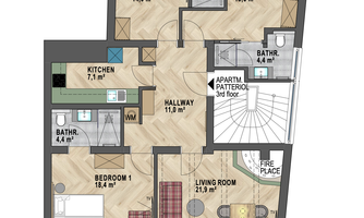 A detailed floor plan of an apartment with three bedrooms, a living room, and two bathrooms. The kitchen and the balcony are also included.