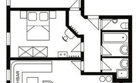 A floor plan drawing of an apartment with several rooms. The arrangement includes bedrooms, bathrooms, and a living area.