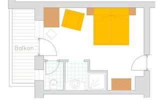 A simple floor plan of an apartment with a balcony. The furniture is represented schematically, including a bed, a sofa, and a bathroom.