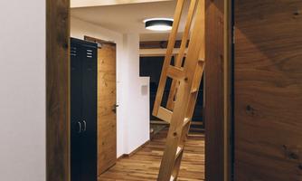 A modern hallway with wooden floors and warm wood details. A wooden ladder leads to an upper level.