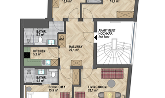 A floor plan drawing of an apartment with multiple rooms. The layout includes bedrooms, bathrooms, a kitchen, and a living area.
