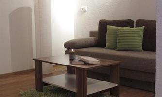 A cozy living room with a wooden ceiling and a sofa. A coffee table with a book and a green carpet is located in the room.