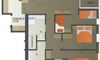 An apartment floor plan with various rooms, including a kitchen, living area, and several bedrooms. The area is 87.0 m².