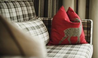A patterned couch with a red pillow that features an animal motif. The surroundings are warm and inviting.