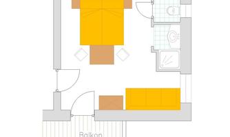 A simple room layout with a balcony. The room includes a bed, a couch, and a bathroom.