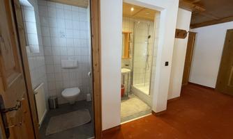 A modern bathroom with a shower and toilet. The floor is equipped with wood, and the walls are brightly tiled.