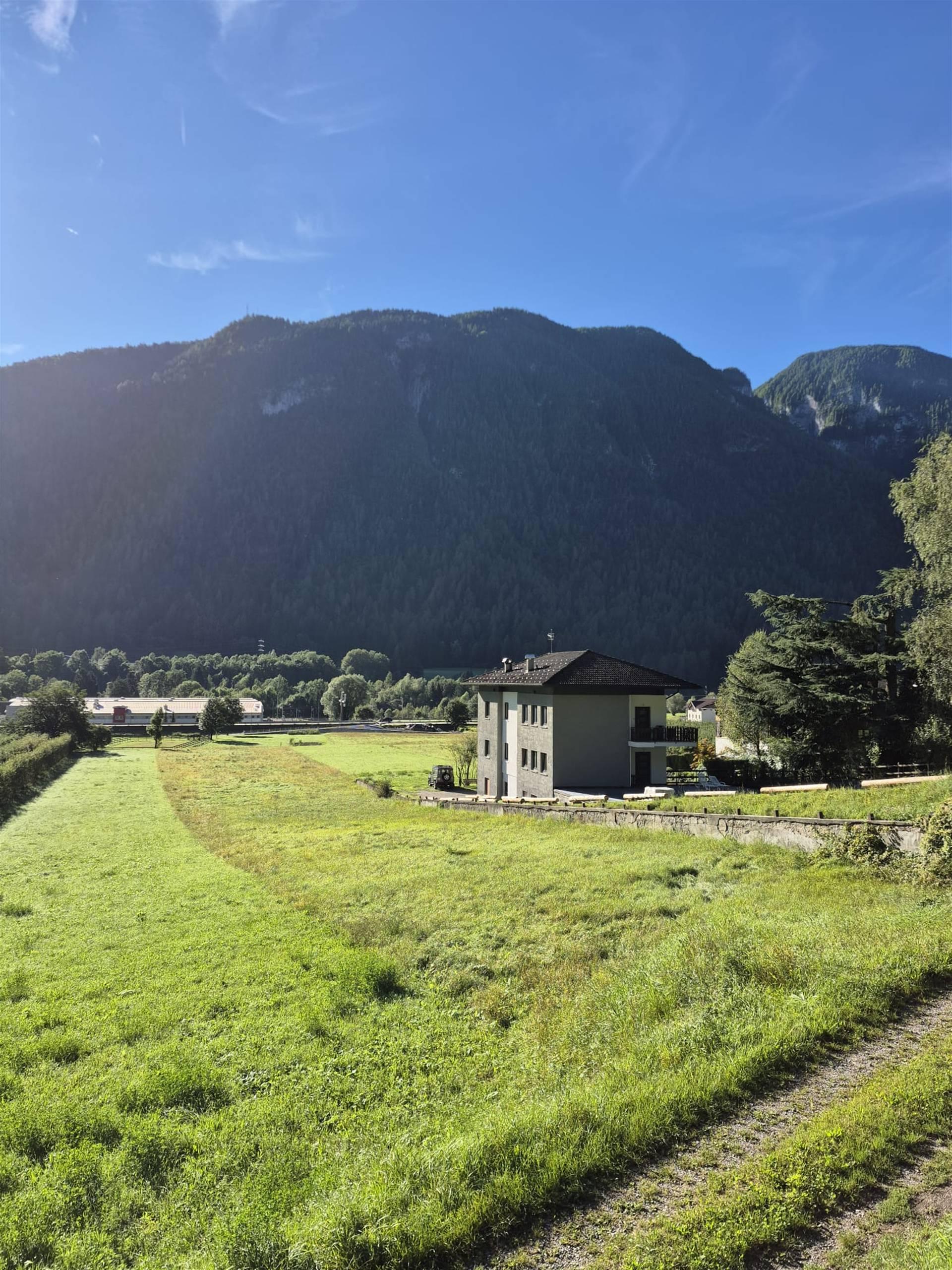 Una casa situata in un'ampia valle verde, circondata da montagne maestose. Il cielo è blu e sereno, creando un'atmosfera tranquilla.