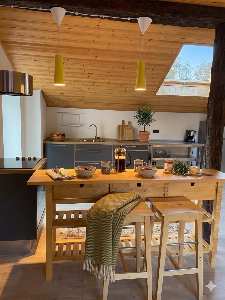 Una cucina moderna con soffitto in legno e illuminazione gialla. Un tavolo in legno è apparecchiato con piatti e una pianta decorativa.