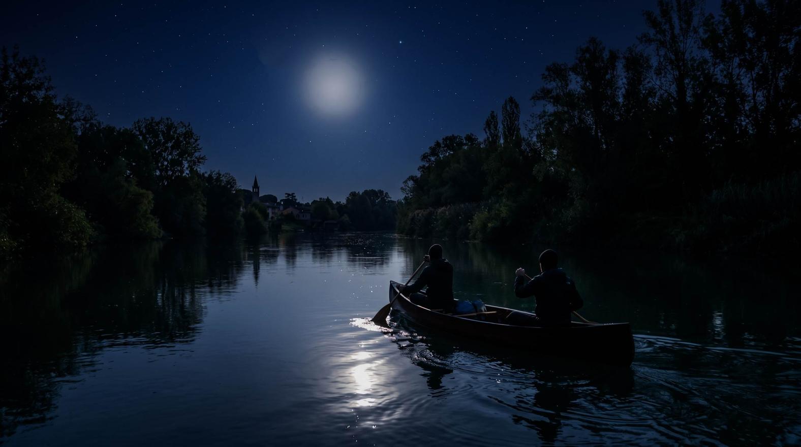 Lago di S. Croce in canoa con la luna piena