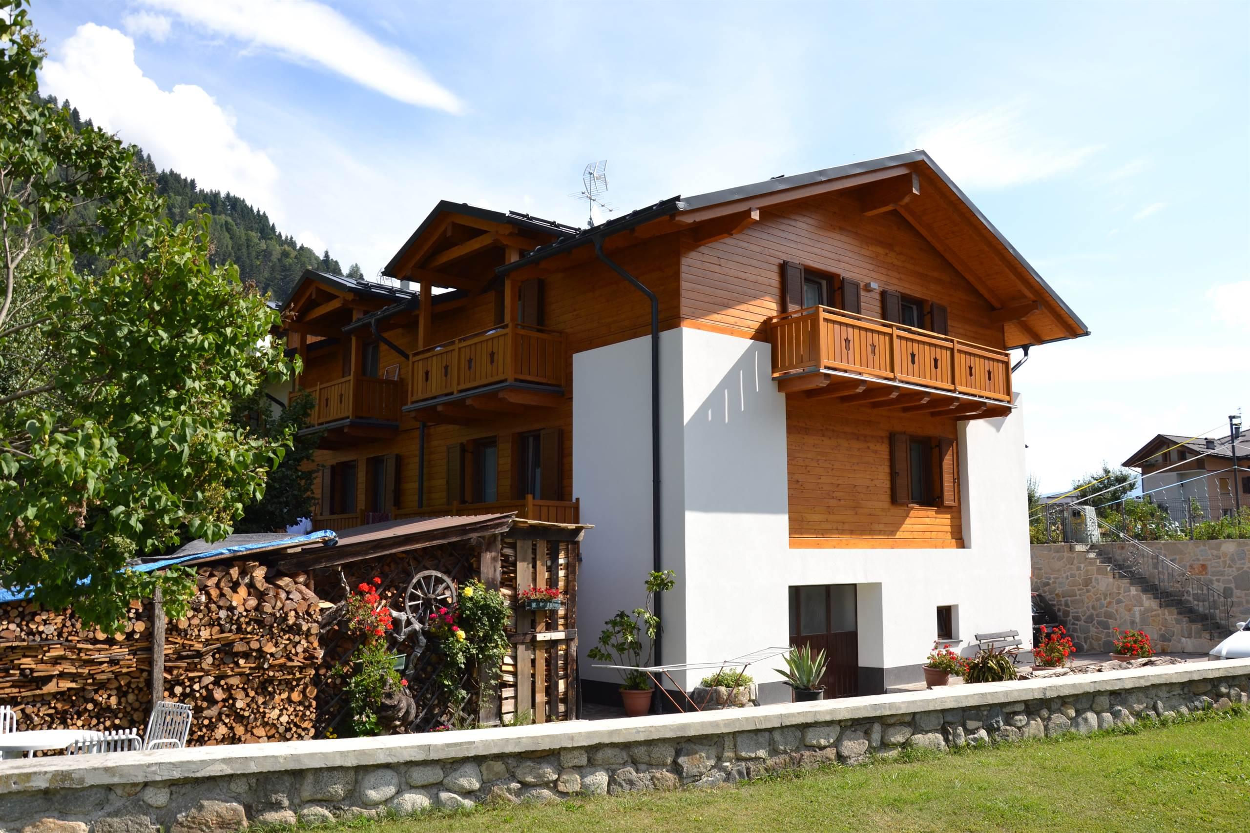 Una casa in legno con balconi, immersa nella natura. Sullo sfondo si vedono montagne e un giardino ben curato.