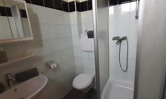 A modern bathroom with a shower, mirror, and toilet. The walls are brightly tiled, and there is a pleasant atmosphere.
