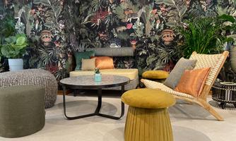 A stylish living room decor with a colorful wallpaper and various seating furniture. Plants complement the modern atmosphere.