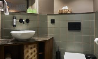 A modern bathroom with a stylish wash basin and a toilet. The walls are in soft colors, and the atmosphere feels elegant and inviting.