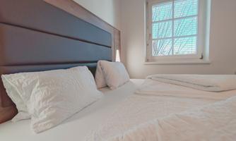 A comfortable bedroom with a large bed and white pillows. The window lets in daylight and offers a view of the trees outside.