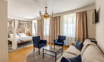 A stylish room with a sleeping area and elegant sofas. Large windows provide plenty of daylight and a cozy atmosphere.