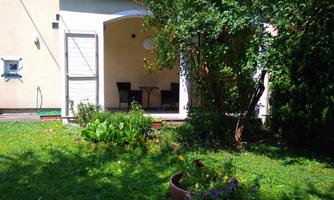 A beautiful garden with plenty of greenery and colorful flowers. In the background, a covered terrace with a table and chairs is visible.
