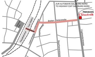 A simple map of Salzburg showing the route to Pension Elisabeth. Important streets and points such as the main train station are marked.