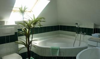 A modern bathroom with a bathtub and a toilet. A plant stands in the background and a window lets in plenty of daylight.