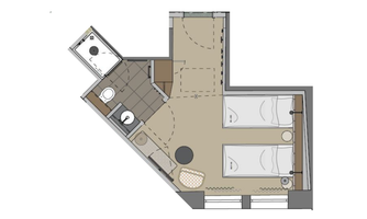 A floor plan of a room with two bedrooms and a bathroom. The plan shows the arrangement of furniture and sanitary fixtures.