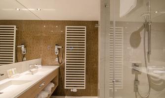 A modern bathroom with an elegant sink and a large mirror. The shower is separated by a glass partition, and the walls are in neutral tones.