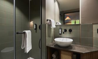 A modern bathroom with a glass shower and an elegant sink. The walls are in soft shades of green and accompanied by soft towels.