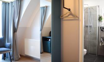 A modern room with a chair, curtains, and a radiator. On the right side, a bathroom with a shower is visible.