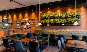 A modern café with wooden interiors and green plants on the wall. There are cozy seating areas and stylish lighting.