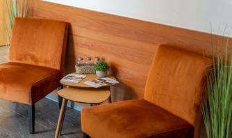 Cozy seating area with two orange chairs and a small table. On the table, there are some brochures and a plant.