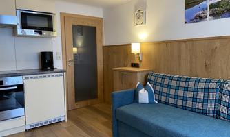 A modern apartment with a small kitchenette and a cozy sofa. Pictures of landscapes hang on the wall.