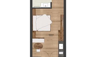 The image shows a floor plan of an apartment with one bedroom, one bathroom, and a living area. The space is designed in a modern and clear manner.
